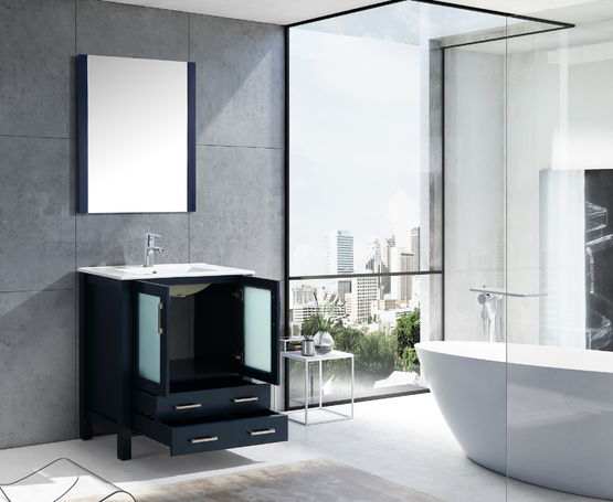 Lexora Volez 30" - Navy Blue Single Bathroom Vanity (Options: Integrated Top, White Integrated Square Sink and 28" Mirror w/ Faucet) - Lexora - Ambient Home