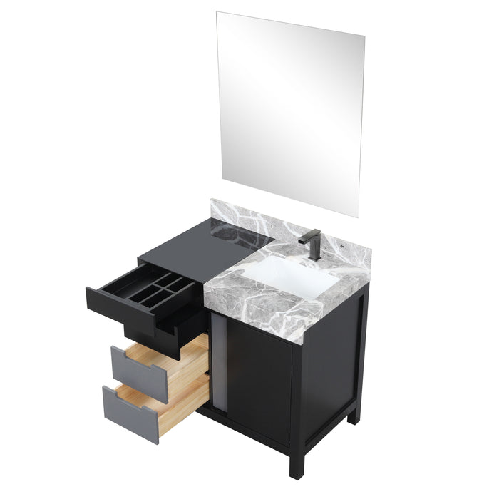 Lexora Zilara 36" - Black and Grey Vanity (Options: Castle Grey Marble Top, White Square Sink, Balzani Gun Metal Faucet Set, and 30" Frameless Mirror) - Lexora - Ambient Home