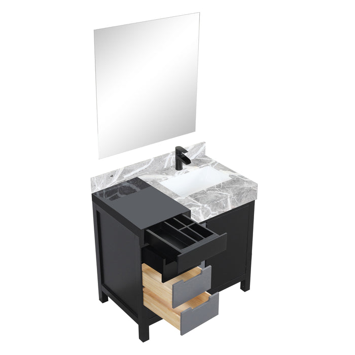 Lexora Zilara 36" - Black and Grey Vanity (Options: Castle Grey Marble Top, White Square Sink, Cascata Nera Matte Black Faucet Set, and 30" Frameless Mirror) - Lexora - Ambient Home