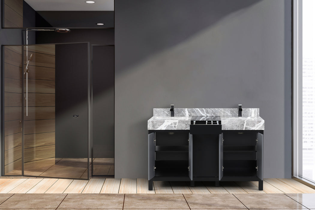 Lexora Zilara 55" - Black and Grey Double Vanity (Options: Castle Grey Marble Tops, White Square Sinks, and Cascata Nera Matte Black Faucet Set) - Lexora - Ambient Home