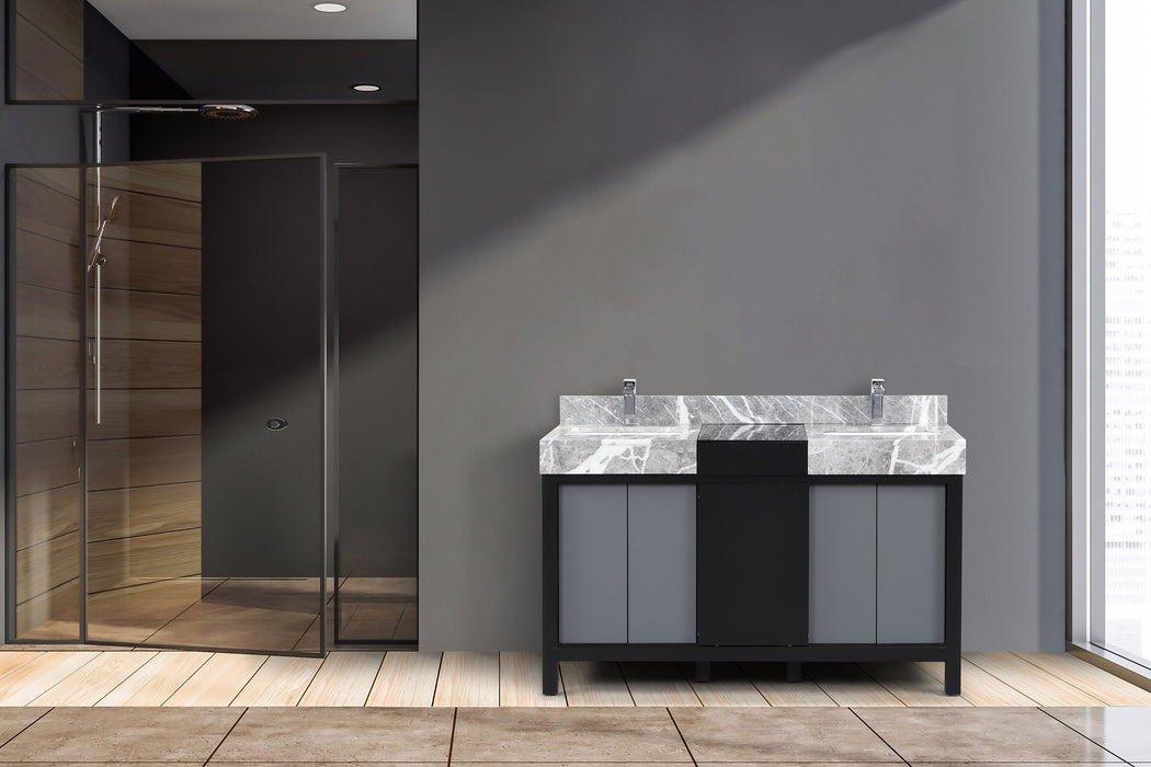 Lexora Zilara 55" - Black and Grey Double Vanity (Options: Castle Grey Marble Tops, White Square Sinks, Monte Chrome Faucet Set, and 53" Frameless Mirror) - Lexora - Ambient Home