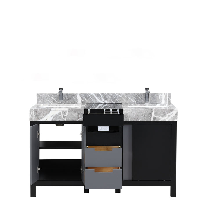 Lexora Zilara 55" - Black and Grey Double Vanity (Options: Castle Grey Marble Tops, White Square Sinks, Balzani Gun Metal Faucet Sets, and 53" Frameless Mirror) - Lexora - Ambient Home