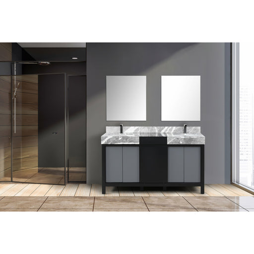 Lexora Zilara 60" - Black and Grey Double Vanity (Options: Castle Grey Marble Tops, White Square Sinks, Balzani Gun Metal Faucet Set, and 28" Frameless Mirrors) - Lexora - Ambient Home