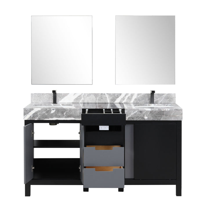 Lexora Zilara 60" - Black and Grey Double Vanity (Options: Castle Grey Marble Tops, White Square Sinks, Balzani Gun Metal Faucet Set, and 28" Frameless Mirrors) - Lexora - Ambient Home