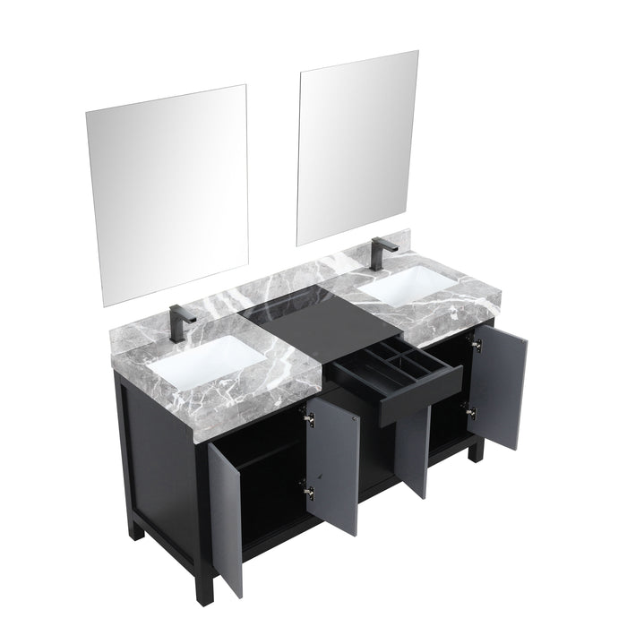 Lexora Zilara 60" - Black and Grey Double Vanity (Options: Castle Grey Marble Tops, White Square Sinks, Balzani Gun Metal Faucet Set, and 28" Frameless Mirrors) - Lexora - Ambient Home