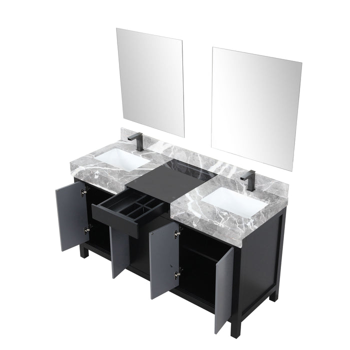 Lexora Zilara 60" - Black and Grey Double Vanity (Options: Castle Grey Marble Tops, White Square Sinks, Balzani Gun Metal Faucet Set, and 28" Frameless Mirrors) - Lexora - Ambient Home