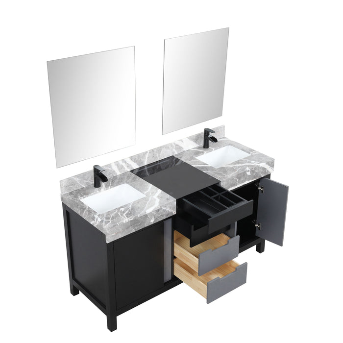Lexora Zilara 60" - Black and Grey Double Vanity (Options: Castle Grey Marble Tops, White Square Sinks, Cascata Nera Matte Black Faucet Set, and 28" Frameless Mirrors) - Lexora - Ambient Home