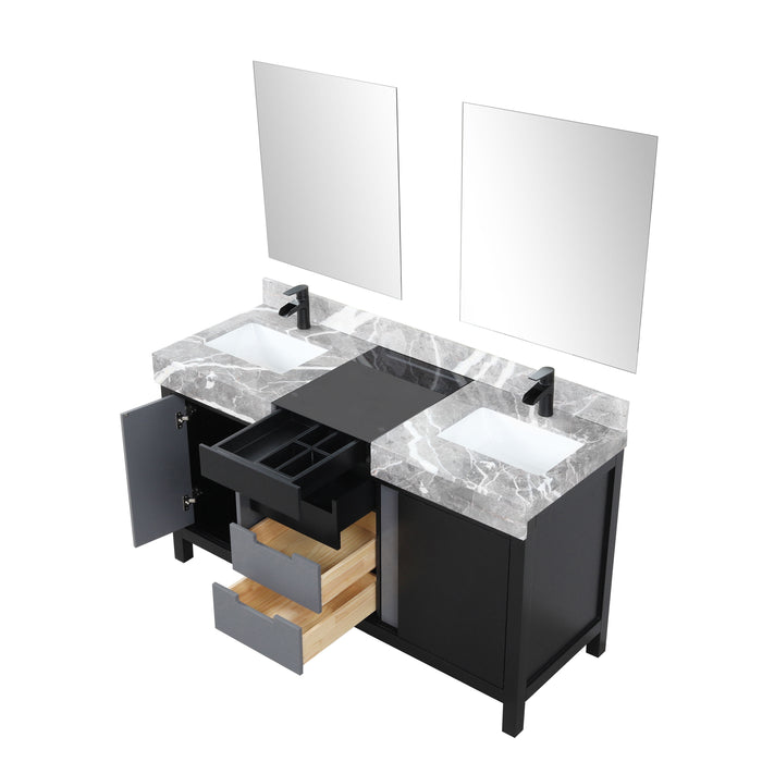 Lexora Zilara 60" - Black and Grey Double Vanity (Options: Castle Grey Marble Tops, White Square Sinks, Cascata Nera Matte Black Faucet Set, and 28" Frameless Mirrors) - Lexora - Ambient Home