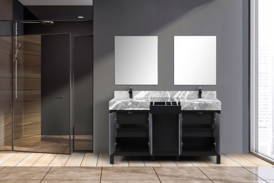 Lexora Zilara 60" - Black and Grey Double Vanity (Options: Castle Grey Marble Tops, White Square Sinks, Cascata Nera Matte Black Faucet Set, and 28" Frameless Mirrors) - Lexora - Ambient Home