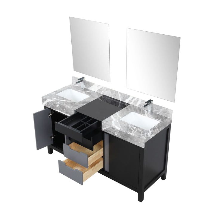 Lexora Zilara 60" - Black and Grey Double Vanity (Options: Castle Grey Marble Tops, White Square Sinks, Monte Chrome Faucet Set, and 28" Frameless Mirrors) - Lexora - Ambient Home