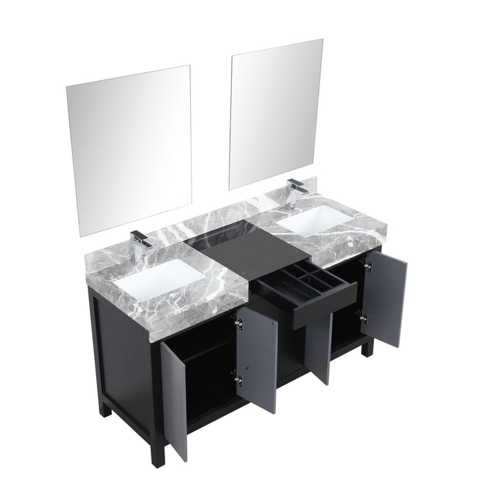 Lexora Zilara 60" - Black and Grey Double Vanity (Options: Castle Grey Marble Tops, White Square Sinks, Monte Chrome Faucet Set, and 28" Frameless Mirrors) - Lexora - Ambient Home