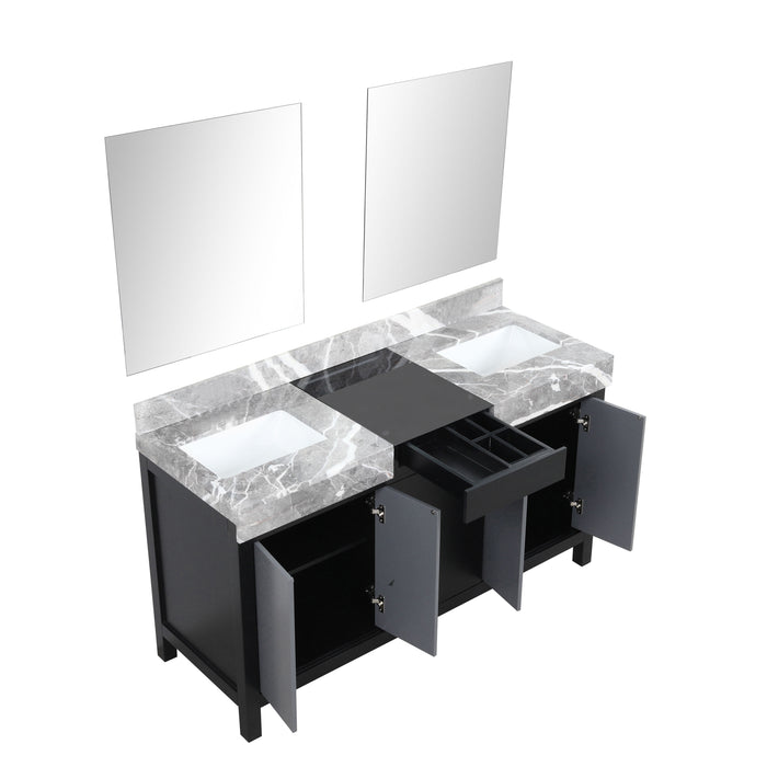 Lexora Zilara 60" - Black and Grey Double Vanity (Options: Castle Grey Marble Tops, White Square Sinks, and 28" Frameless Mirrors) - Lexora - Ambient Home