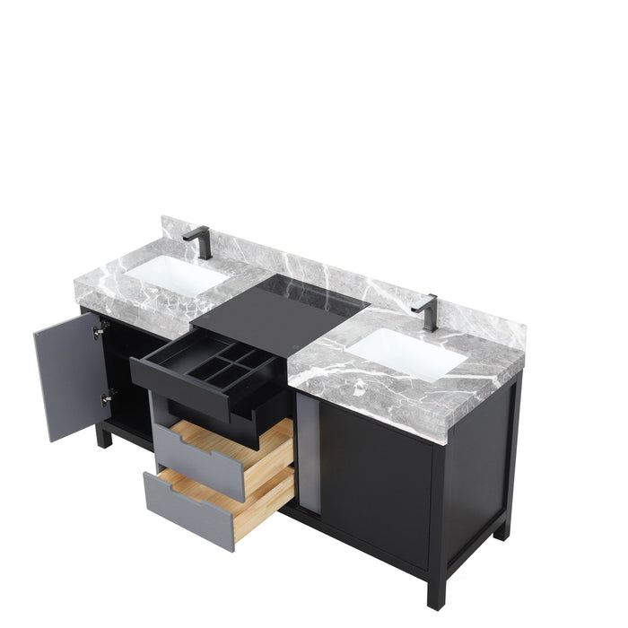 Lexora Zilara 72" - Black and Grey Double Vanity (Options: Castle Grey Marble Tops, White Square Sinks, and Balzani Gun Metal Faucet Set) - Lexora - Ambient Home