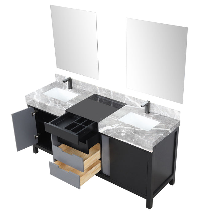 Lexora Zilara 72" - Black and Grey Double Vanity (Options: Castle Grey Marble Tops, White Square Sinks, Balzani Gun Metal Faucet Set, and 28" Frameless Mirrors) - Lexora - Ambient Home