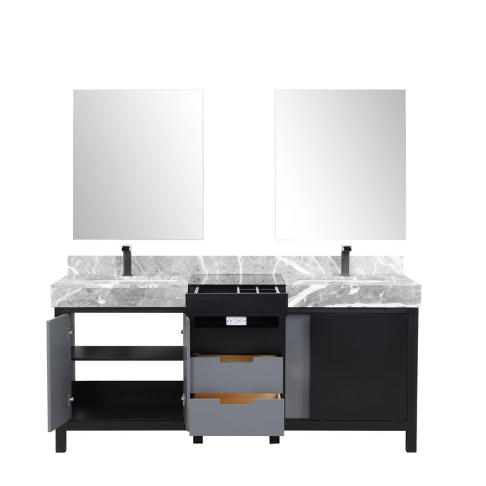 Lexora Zilara 72" - Black and Grey Double Vanity (Options: Castle Grey Marble Tops, White Square Sinks, Balzani Gun Metal Faucet Set, and 28" Frameless Mirrors) - Lexora - Ambient Home