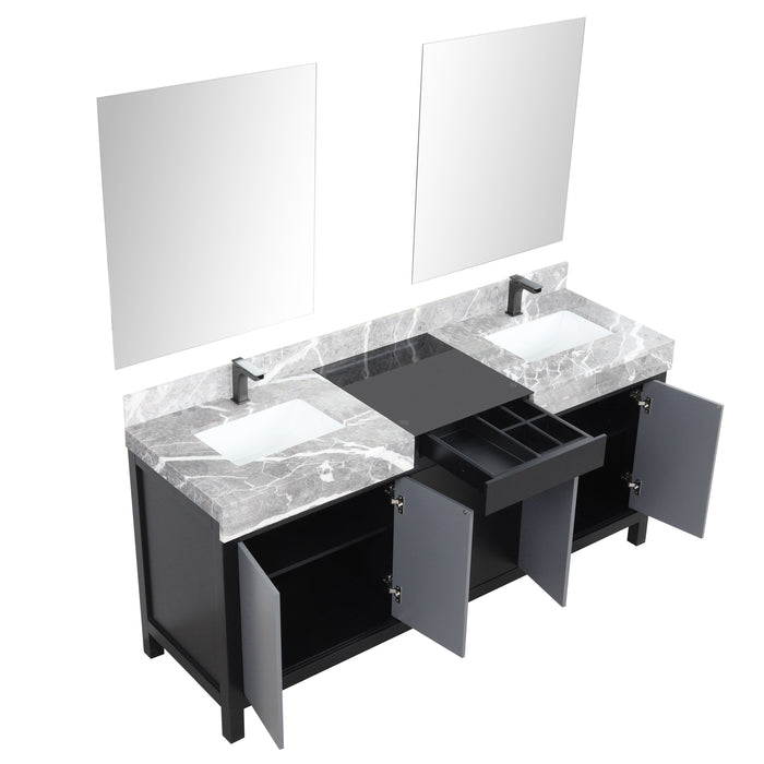 Lexora Zilara 72" - Black and Grey Double Vanity (Options: Castle Grey Marble Tops, White Square Sinks, Balzani Gun Metal Faucet Set, and 28" Frameless Mirrors) - Lexora - Ambient Home