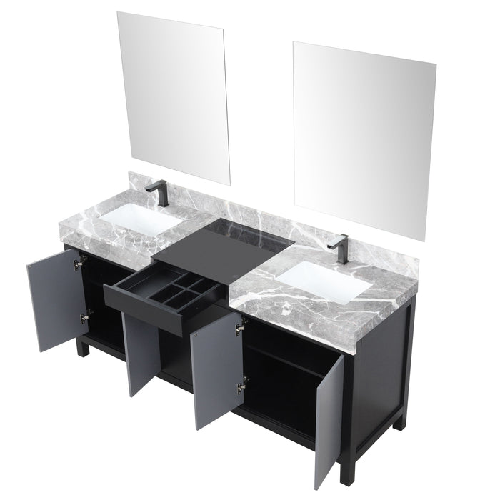 Lexora Zilara 72" - Black and Grey Double Vanity (Options: Castle Grey Marble Tops, White Square Sinks, Balzani Gun Metal Faucet Set, and 28" Frameless Mirrors) - Lexora - Ambient Home