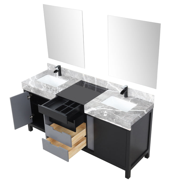 Lexora Zilara 72" - Black and Grey Double Vanity (Options: Castle Grey Marble Tops, White Square Sinks, Cascata Nera Matte Black Faucet Set, and 28" Frameless Mirrors) - Lexora - Ambient Home