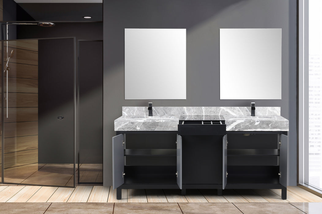 Lexora Zilara 72" - Black and Grey Double Vanity (Options: Castle Grey Marble Tops, White Square Sinks, Cascata Nera Matte Black Faucet Set, and 28" Frameless Mirrors) - Lexora - Ambient Home