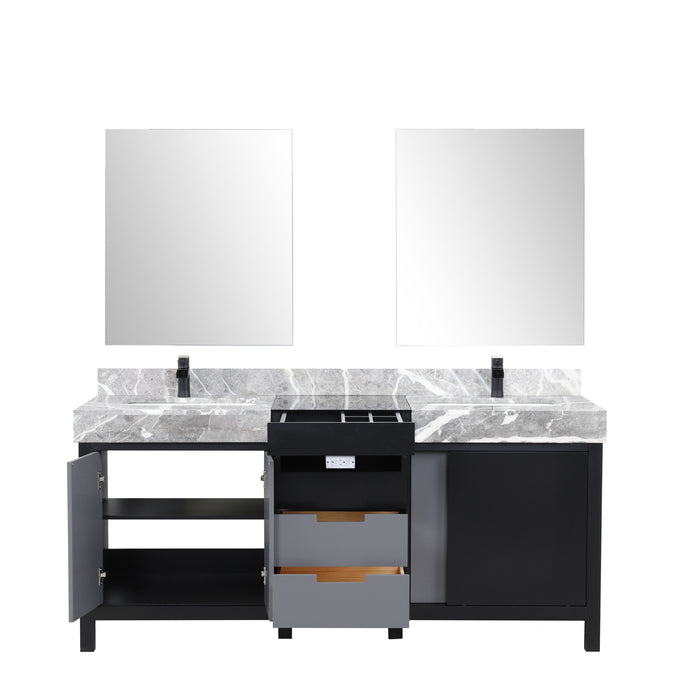 Lexora Zilara 72" - Black and Grey Double Vanity (Options: Castle Grey Marble Tops, White Square Sinks, Cascata Nera Matte Black Faucet Set, and 28" Frameless Mirrors) - Lexora - Ambient Home