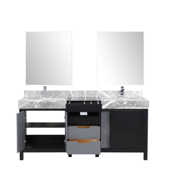 Lexora Zilara 72" - Black and Grey Double Vanity (Options: Castle Grey Marble Tops, White Square Sinks, Monte Chrome Faucet Set, and 28" Frameless Mirrors) - Lexora - Ambient Home