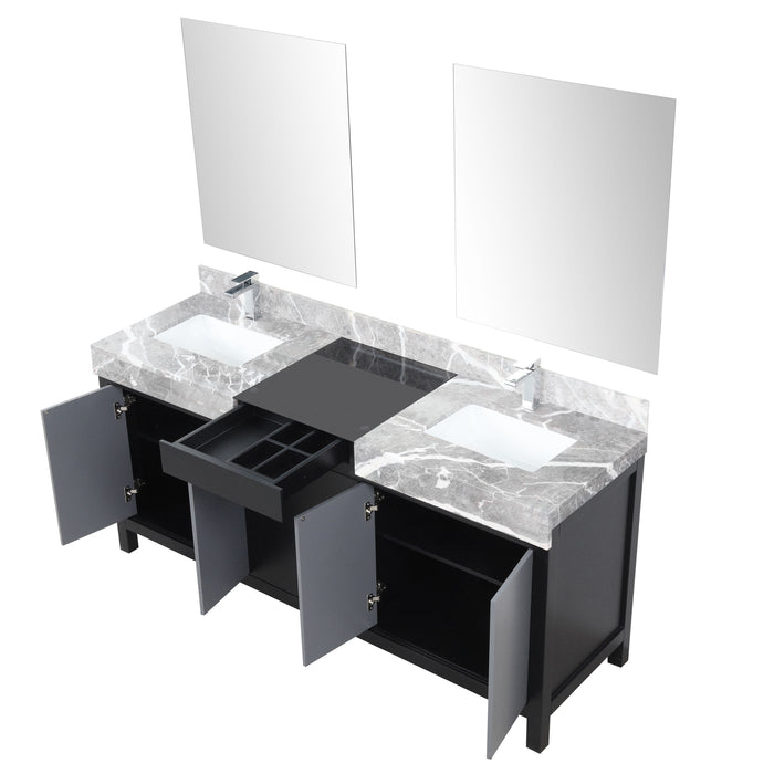 Lexora Zilara 72" - Black and Grey Double Vanity (Options: Castle Grey Marble Tops, White Square Sinks, Monte Chrome Faucet Set, and 28" Frameless Mirrors) - Lexora - Ambient Home