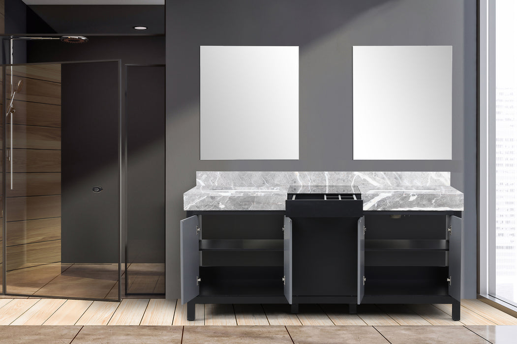 Lexora Zilara 72" - Black and Grey Double Vanity (Options: Castle Grey Marble Tops, White Square Sinks, and 28" Frameless Mirrors) - Lexora - Ambient Home