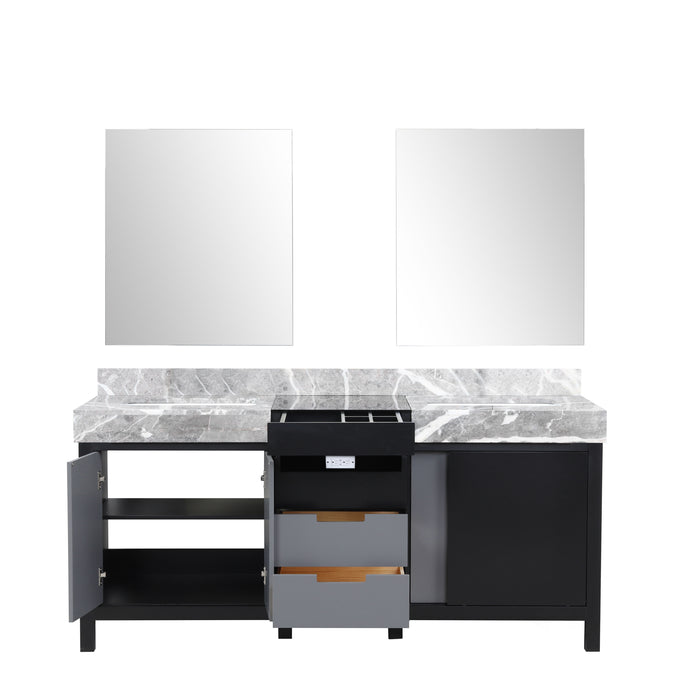 Lexora Zilara 72" - Black and Grey Double Vanity (Options: Castle Grey Marble Tops, White Square Sinks, and 28" Frameless Mirrors) - Lexora - Ambient Home