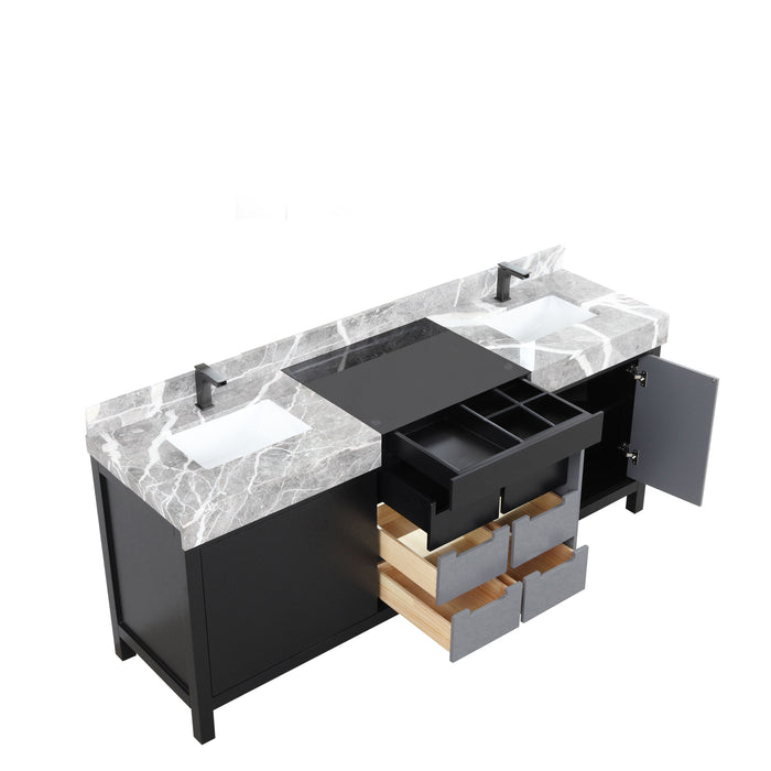 Lexora Zilara 80" - Black and Grey Double Vanity (Options: Castle Grey Marble Tops, White Square Sinks, and Balzani Gun Metal Faucet Set) - Lexora - Ambient Home