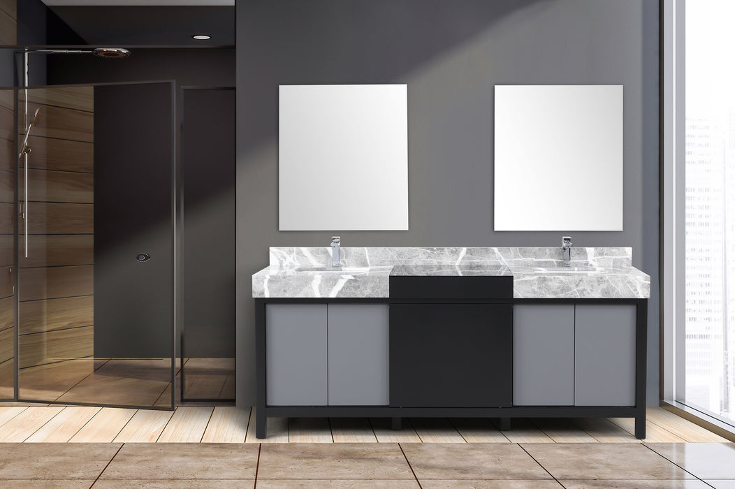 Lexora Zilara 80" - Black and Grey Double Vanity (Options: Castle Grey Marble Tops, White Square Sinks, Monte Chrome Faucet Set, and 30" Frameless Mirrors) - Lexora - Ambient Home