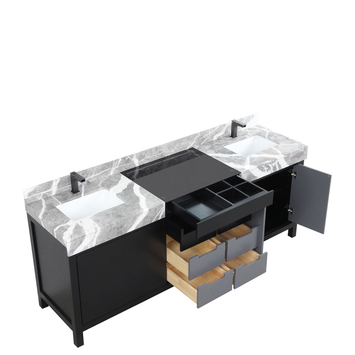 Lexora Zilara 84" - Black and Grey Double Vanity (Options: Castle Grey Marble Tops, White Square Sinks, and Balzani Gun Metal Faucet Set) - Lexora - Ambient Home