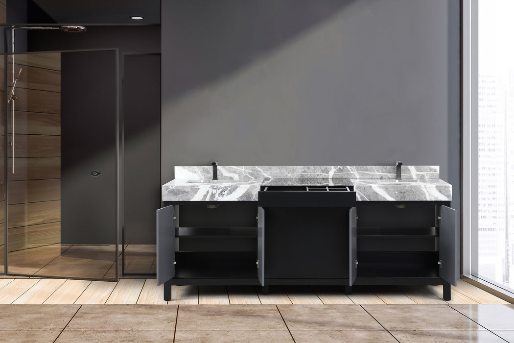 Lexora Zilara 84" - Black and Grey Double Vanity (Options: Castle Grey Marble Tops, White Square Sinks, and Balzani Gun Metal Faucet Set) - Lexora - Ambient Home