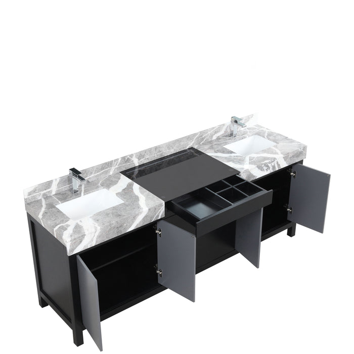 Lexora Zilara 84" - Black and Grey Double Vanity (Options: Castle Grey Marble Tops, White Square Sinks, and Monte Chrome Faucet Set) - Lexora - Ambient Home