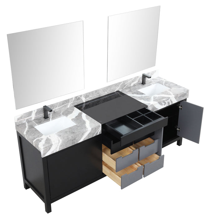 Lexora Zilara 84" - Black and Grey Double Vanity (Options: Castle Grey Marble Tops, White Square Sinks, Balzani Gun Metal Faucet Set, and 34" Frameless Mirrors) - Lexora - Ambient Home