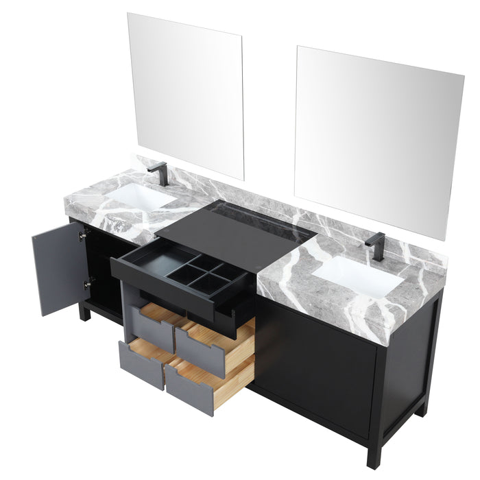 Lexora Zilara 84" - Black and Grey Double Vanity (Options: Castle Grey Marble Tops, White Square Sinks, Balzani Gun Metal Faucet Set, and 34" Frameless Mirrors) - Lexora - Ambient Home