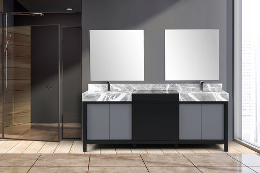 Lexora Zilara 84" - Black and Grey Double Vanity (Options: Castle Grey Marble Tops, White Square Sinks, Balzani Gun Metal Faucet Set, and 34" Frameless Mirrors) - Lexora - Ambient Home