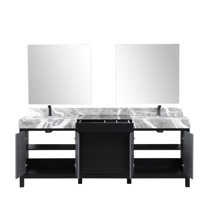 Lexora Zilara 84" - Black and Grey Double Vanity (Options: Castle Grey Marble Tops, White Square Sinks, Balzani Gun Metal Faucet Set, and 34" Frameless Mirrors) - Lexora - Ambient Home