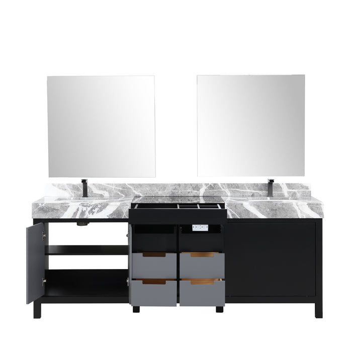 Lexora Zilara 84" - Black and Grey Double Vanity (Options: Castle Grey Marble Tops, White Square Sinks, Balzani Gun Metal Faucet Set, and 34" Frameless Mirrors) - Lexora - Ambient Home