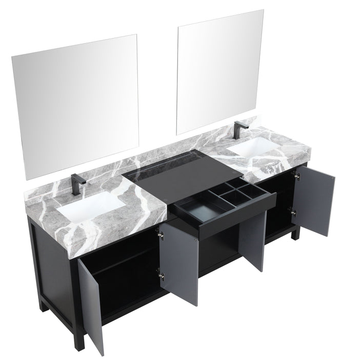 Lexora Zilara 84" - Black and Grey Double Vanity (Options: Castle Grey Marble Tops, White Square Sinks, Balzani Gun Metal Faucet Set, and 34" Frameless Mirrors) - Lexora - Ambient Home