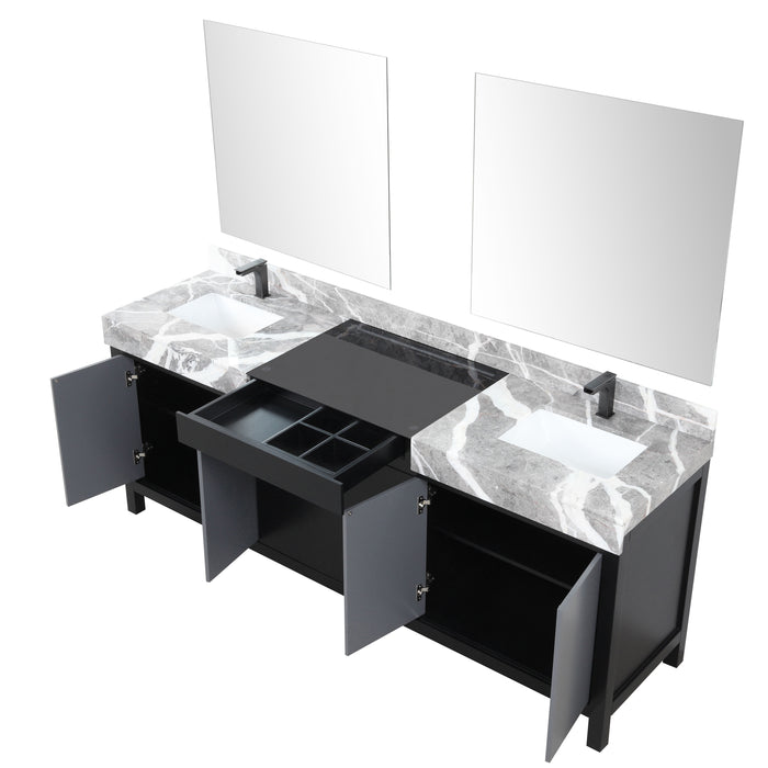 Lexora Zilara 84" - Black and Grey Double Vanity (Options: Castle Grey Marble Tops, White Square Sinks, Balzani Gun Metal Faucet Set, and 34" Frameless Mirrors) - Lexora - Ambient Home