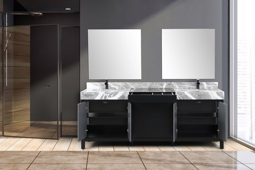 Lexora Zilara 84" - Black and Grey Double Vanity (Options: Castle Grey Marble Tops, White Square Sinks, Cascata Nera Matte Black Faucet Set, and 34" Frameless Mirrors) - Lexora - Ambient Home