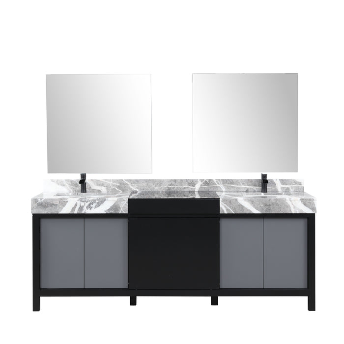 Lexora Zilara 84" - Black and Grey Double Vanity (Options: Castle Grey Marble Tops, White Square Sinks, Cascata Nera Matte Black Faucet Set, and 34" Frameless Mirrors) - Lexora - Ambient Home