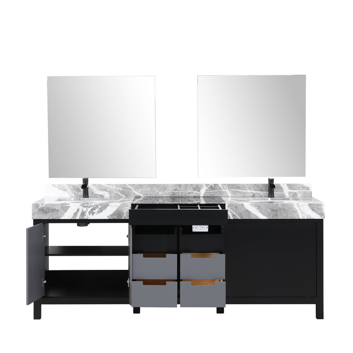 Lexora Zilara 84" - Black and Grey Double Vanity (Options: Castle Grey Marble Tops, White Square Sinks, Cascata Nera Matte Black Faucet Set, and 34" Frameless Mirrors) - Lexora - Ambient Home