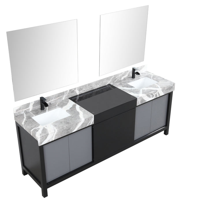 Lexora Zilara 84" - Black and Grey Double Vanity (Options: Castle Grey Marble Tops, White Square Sinks, Cascata Nera Matte Black Faucet Set, and 34" Frameless Mirrors) - Lexora - Ambient Home