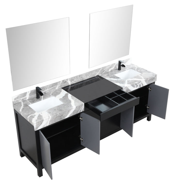 Lexora Zilara 84" - Black and Grey Double Vanity (Options: Castle Grey Marble Tops, White Square Sinks, Cascata Nera Matte Black Faucet Set, and 34" Frameless Mirrors) - Lexora - Ambient Home