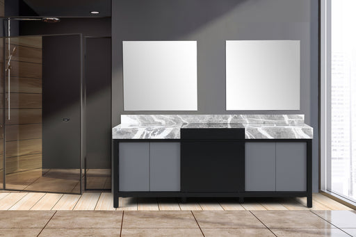 Lexora Zilara 84" - Black and Grey Double Vanity (Options: Castle Grey Marble Tops, White Square Sinks, and 34" Frameless Mirrors) - Lexora - Ambient Home