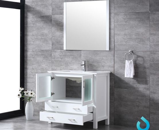 Lexora Volez 36" - White Single Bathroom Vanity (Options: Integrated Top, White Integrated Square Sink and 34" Mirror w/ Faucet) - Lexora - Ambient Home