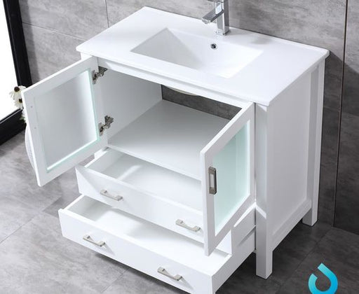 Lexora Volez 36" - White Single Bathroom Vanity (Options: Integrated Top, White Integrated Square Sink and 34" Mirror w/ Faucet) - Lexora - Ambient Home