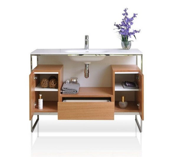 Ancerre Designs Tory Vanity in Natural Walnut with Solid Surface Vanity Top in White with White Basin and Mirror - Ancerre Designs - Ambient Home