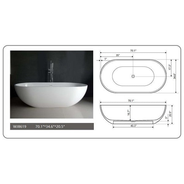 Legion Furniture WJ8619-W 70.1 Inch White Matt Solid Surface Tub, No Faucet - Legion Furniture Tubs - Ambient Home